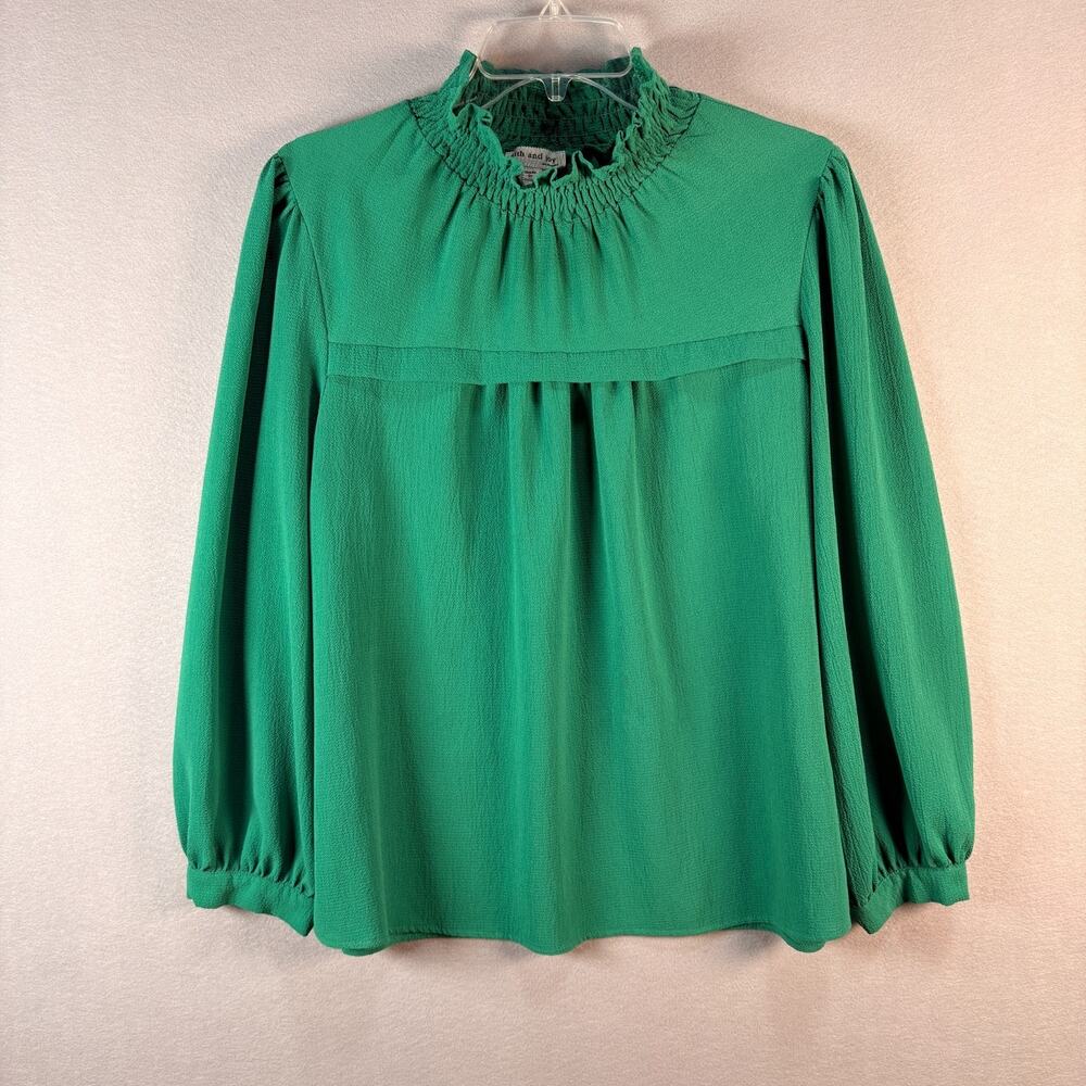 Faith and Joy Green Textured Blouse Smocked Ruffle Neck Blouson Sleeve Size XL